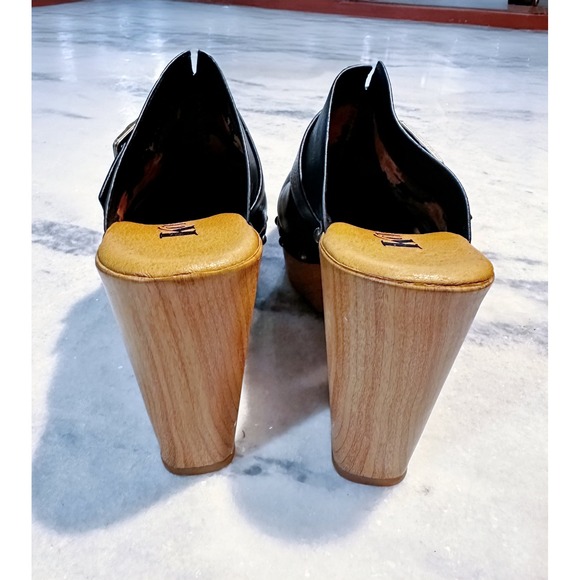 Korks Black Leather Wood Clogs Buckle Studded Heel Mule Shoes Women Size 6 - Picture 3 of 5